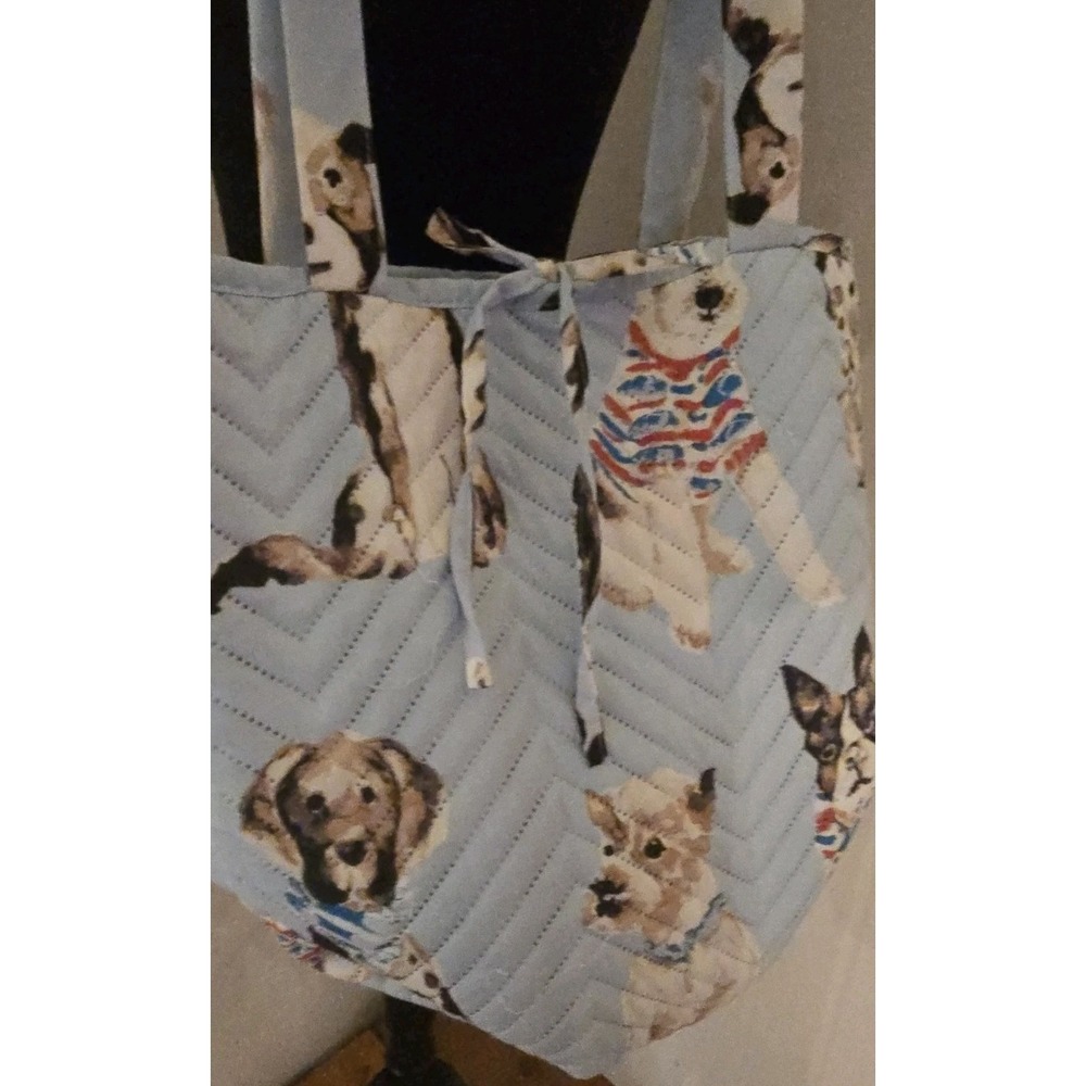 Mainstays Reversible Quilted Tote Bag Dog Print Blue Red Striped Shoulder Bag - Picture 5 of 12